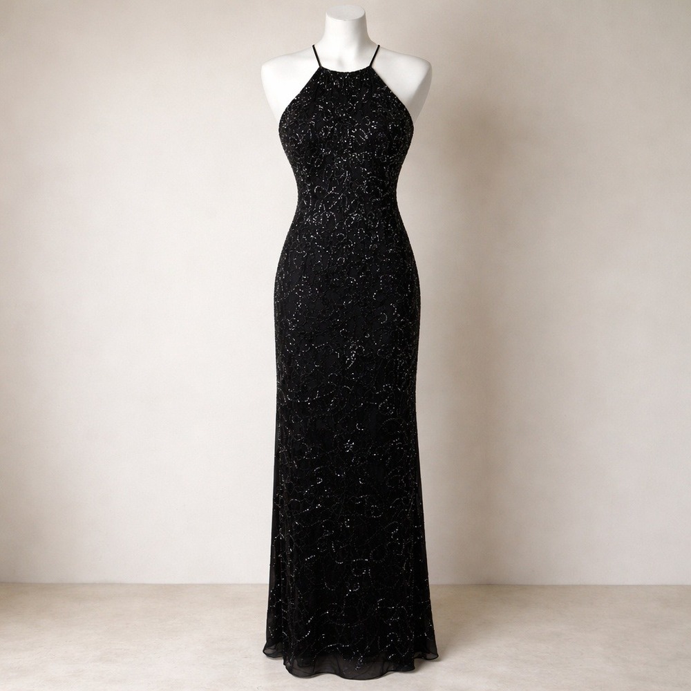 Y2k Mary's 100% Silk Black Beaded Sequin Halter Neck Evening Gown Dress 8 Formal